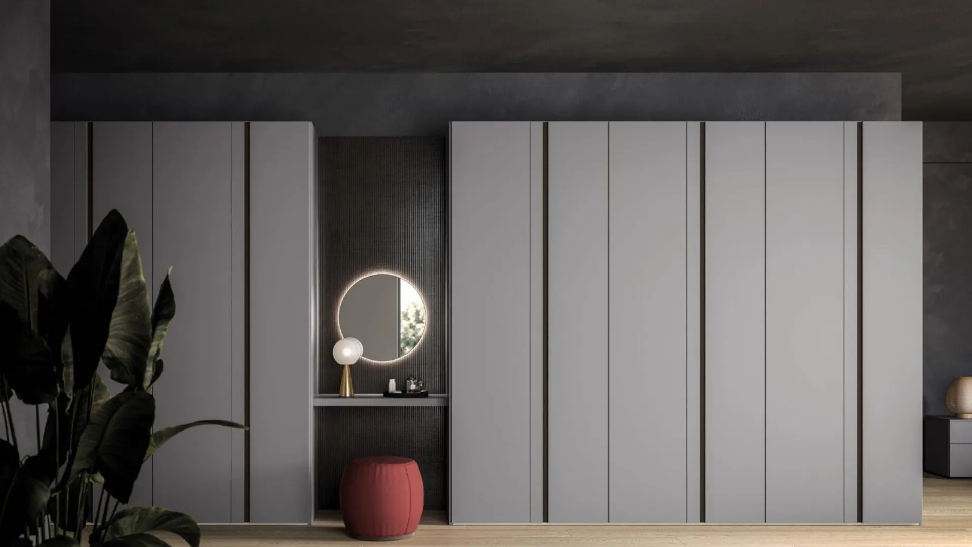 Swing door wardrobe with Aries door. Interior in Cotton, doors in matt lacquered Basalt. 300x260.