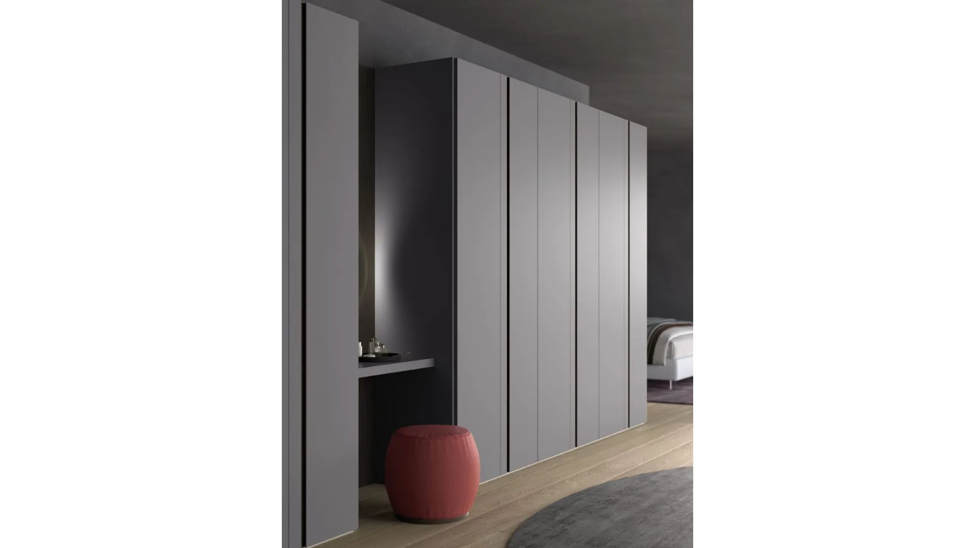 Swing-door wardrobe with Aries door. Cotton interior, Basalt matte lacquered doors. 300x260