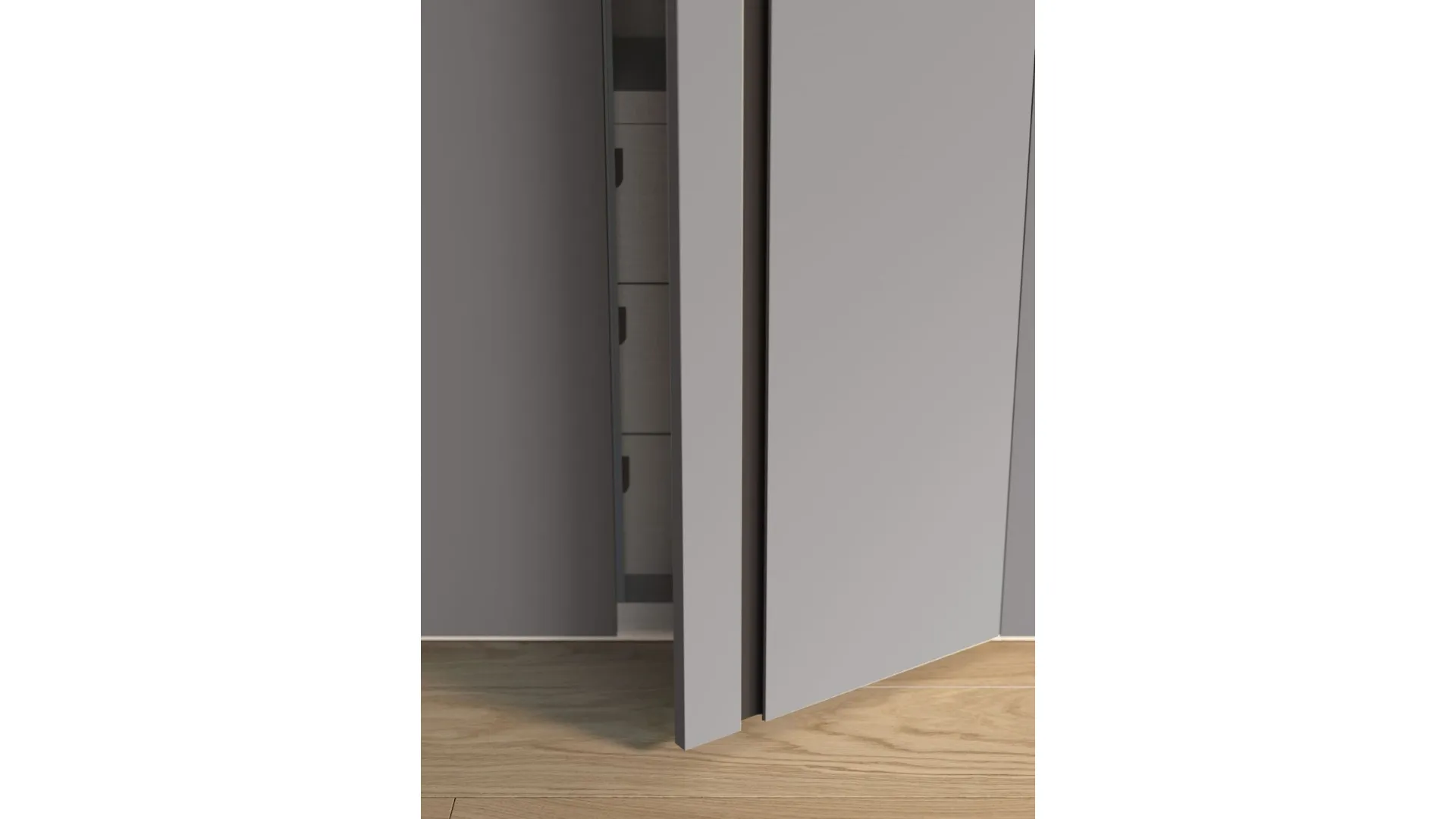 Hinged wardrobe with Aries door. Cotton interior, doors in matte lacquered Basalt. 300x260.