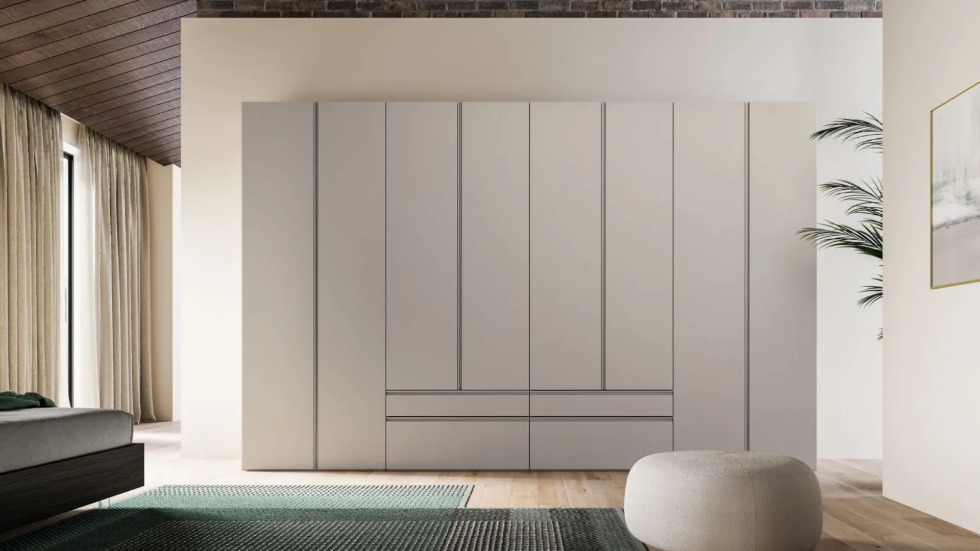 Hinged wardrobe with Gola door. Cotton interior, doors and handles in sand matte lacquered.