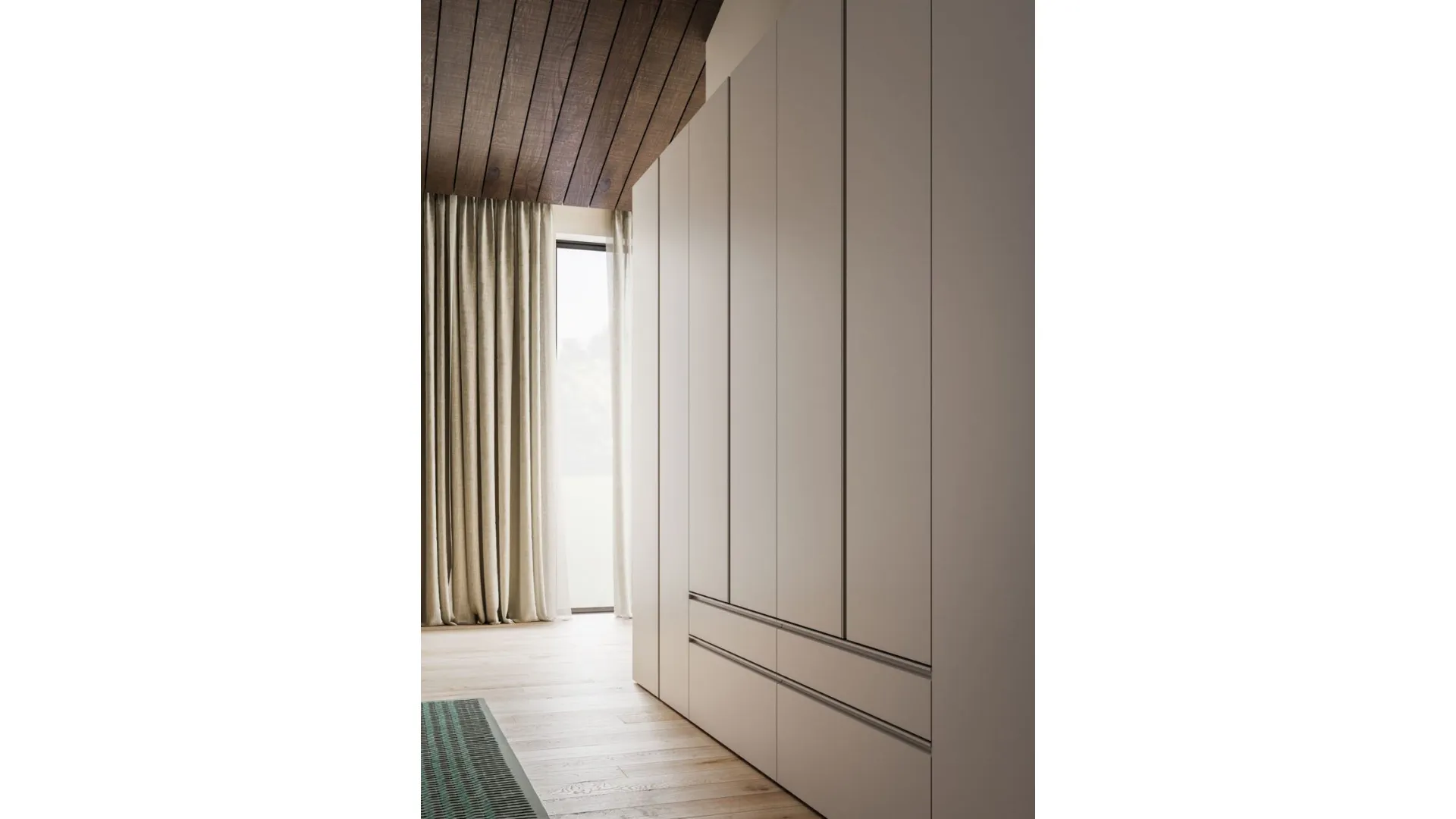 Hinged wardrobe with recessed handle door. Internal Cotton, doors and handles in matte lacquered Sand.