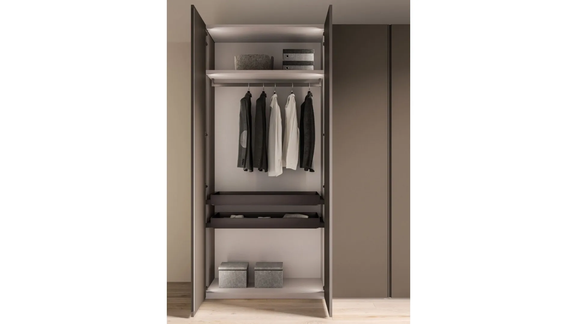 Hinged wardrobe with recessed handle door. Doors in melamine Tundra decor and handles in matching color.