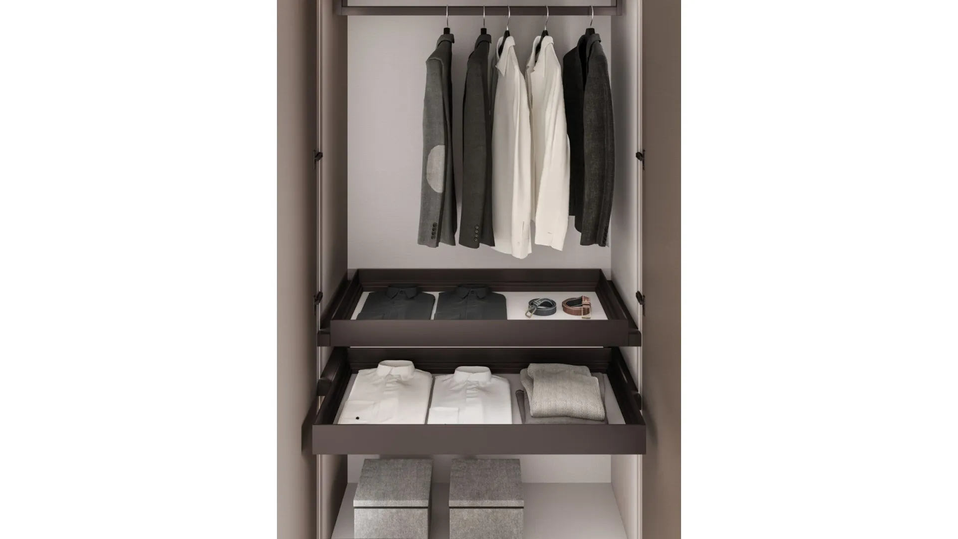 Wardrobe with swing door and recessed handle. Doors in melamine decor Tundra with matching handles.