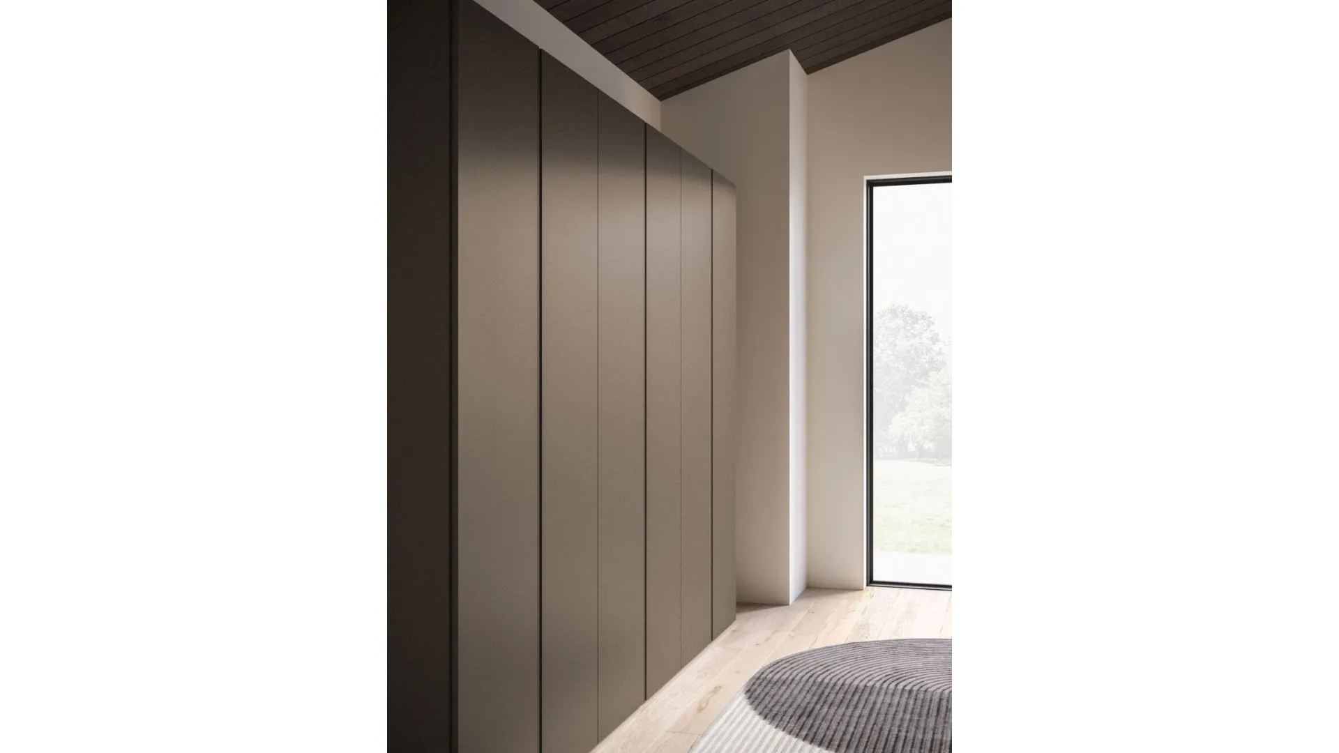 Hinged wardrobe with cavity handle door. Doors in melamine decor Tundra and matching handles.