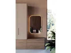 Swing wardrobe with smooth door, interior in cotton, drawers, and open element in textured walnut.