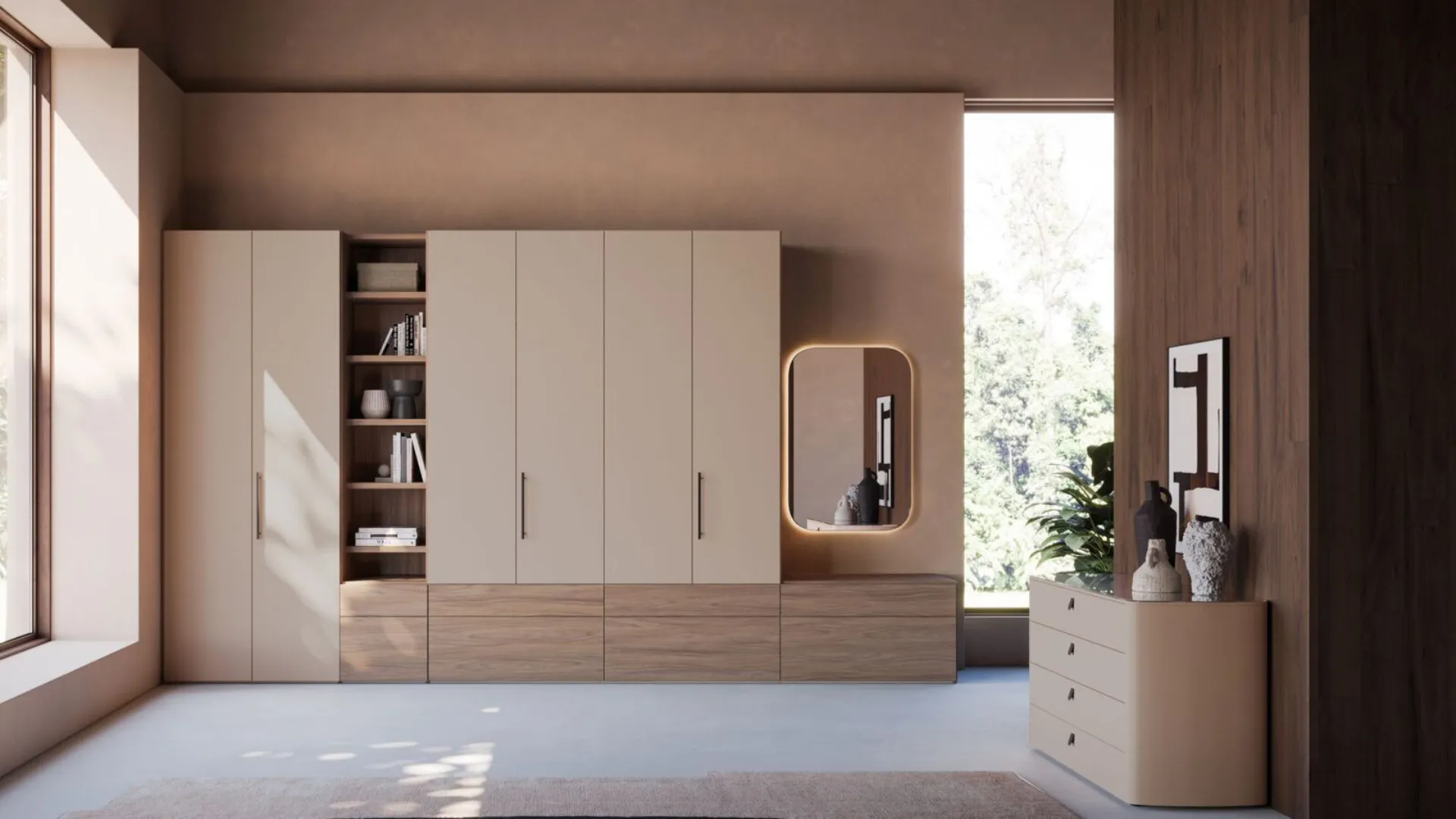 Hinged wardrobe with smooth door, interior in cotton, drawers and open element in walnut finish.