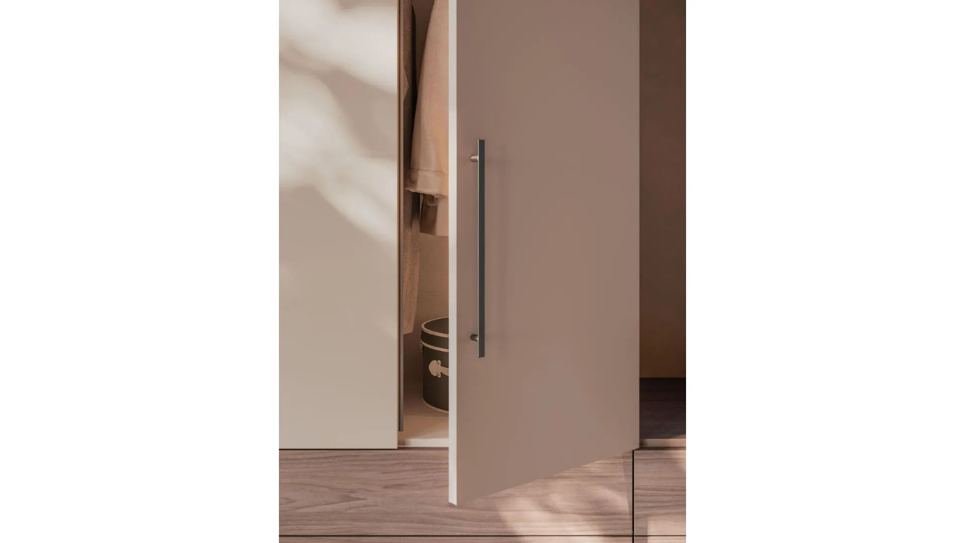 Swing door wardrobe with Smooth door, Cotton interior, drawers and open element in textured Walnut.