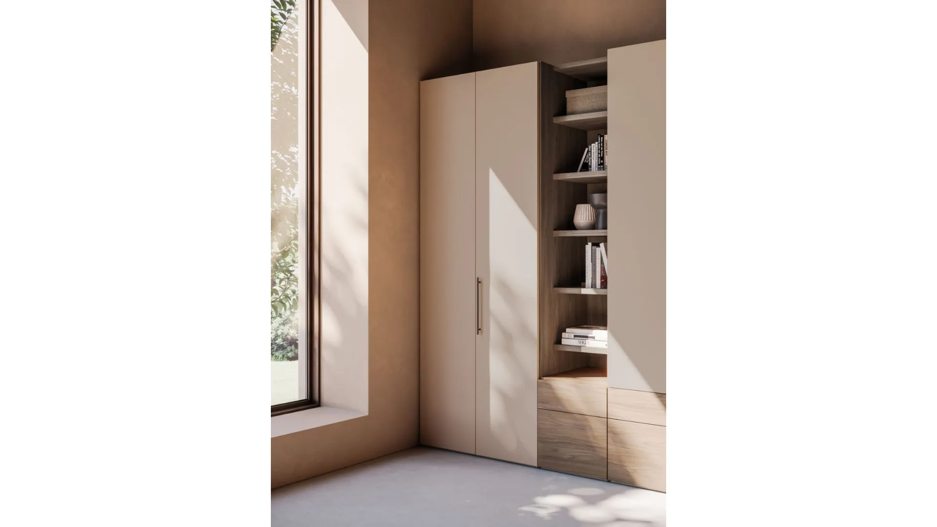 Hinged wardrobe with smooth door, cotton interior, drawers and open element in textured walnut.