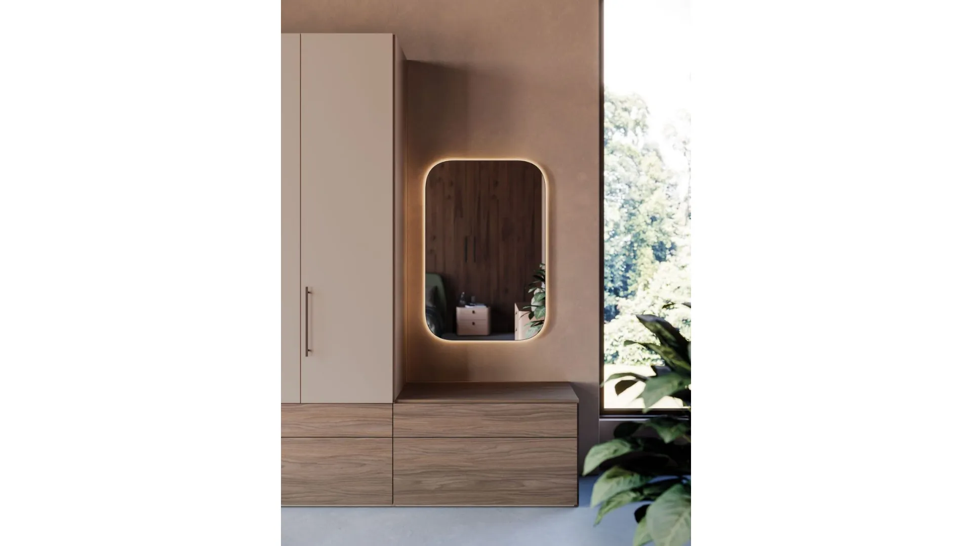 Swing wardrobe with smooth door, interior in cotton, drawers, and open element in textured walnut.