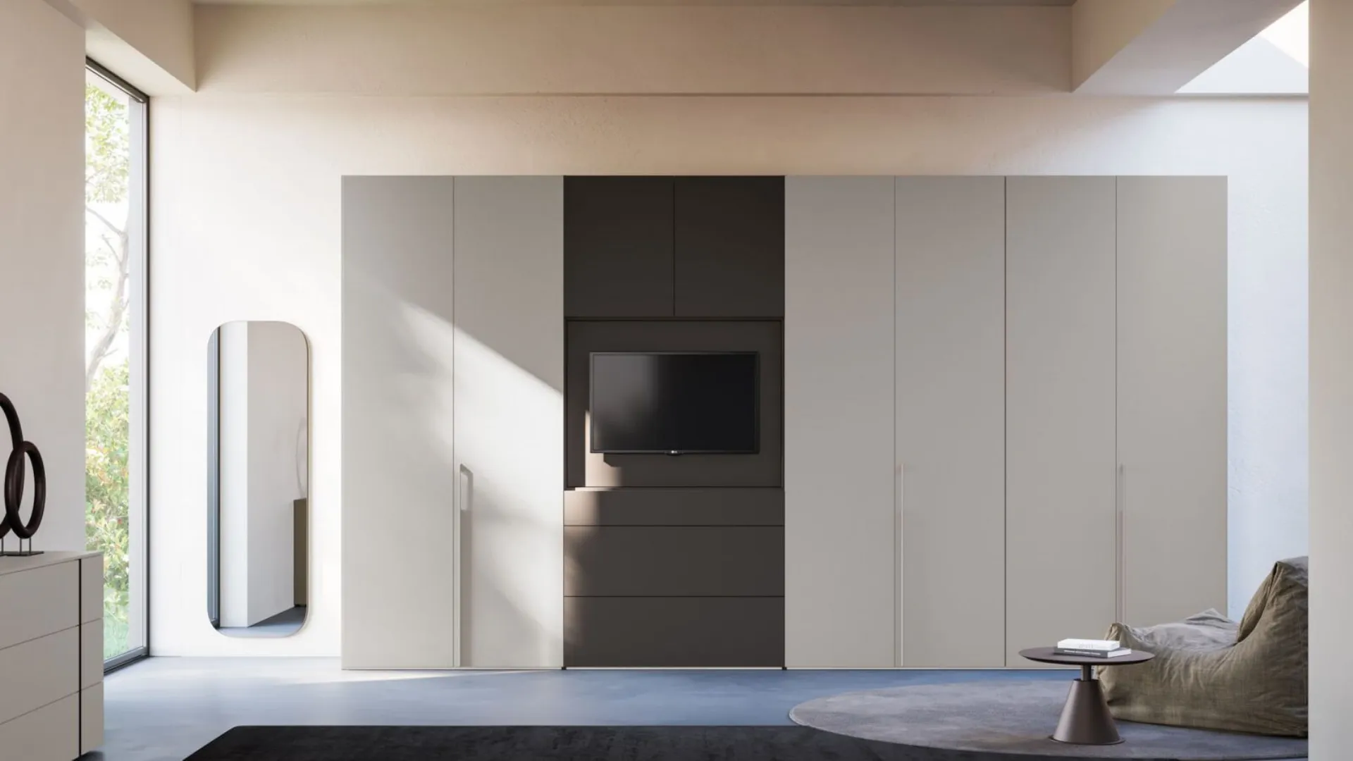 Hinged wardrobe with smooth door, TV unit with drawers in matte Titanium and Tufo finish.