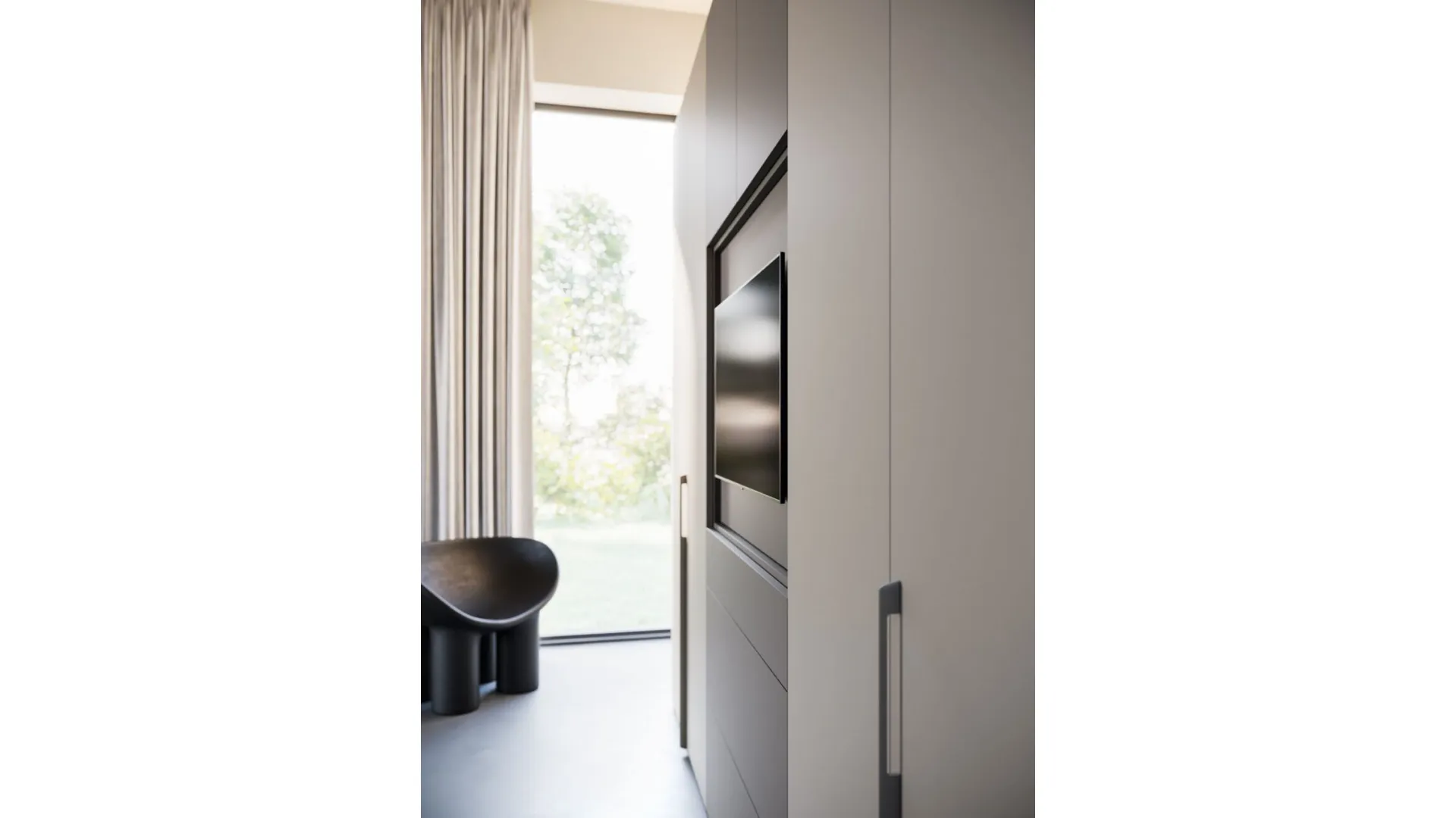 Hinged wardrobe with smooth door, TV visual element with drawers in matt Titanium and Tufo finish