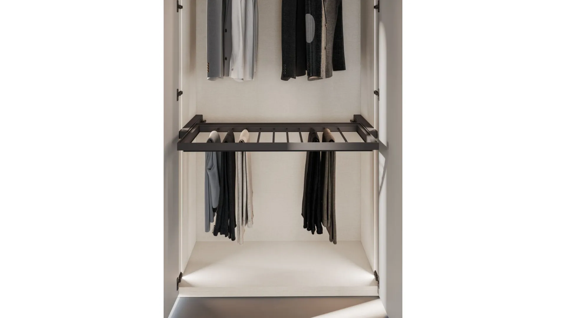 Swinging wardrobe with smooth door, TV visual element with drawers in matte Titanium and Tufo finish.