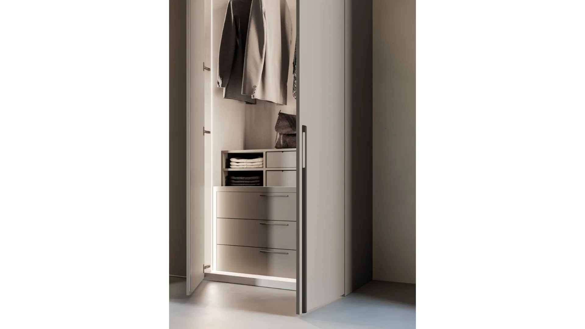 Wardrobe with smooth door, TV element with drawers in matte Titanium and Tufo finish