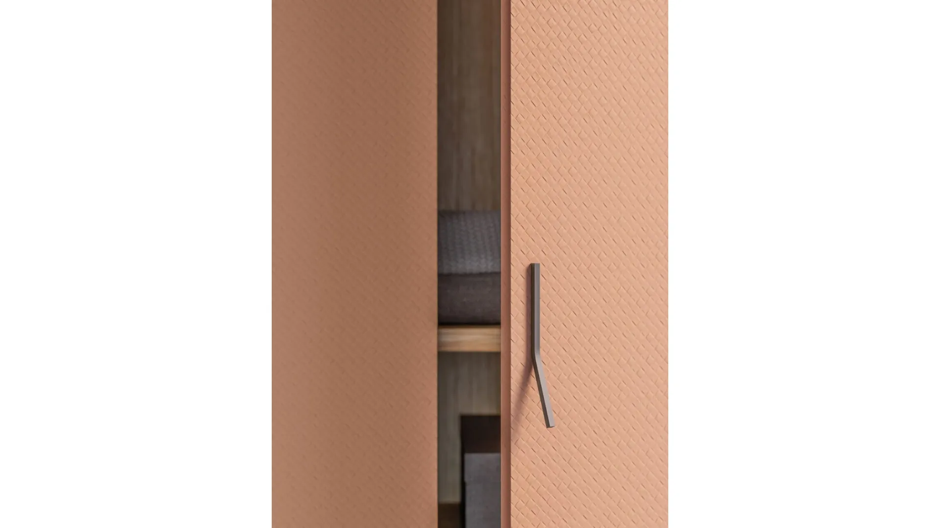 Swing door wardrobe with smooth door, interior in oak, doors in matte lacquered copper.