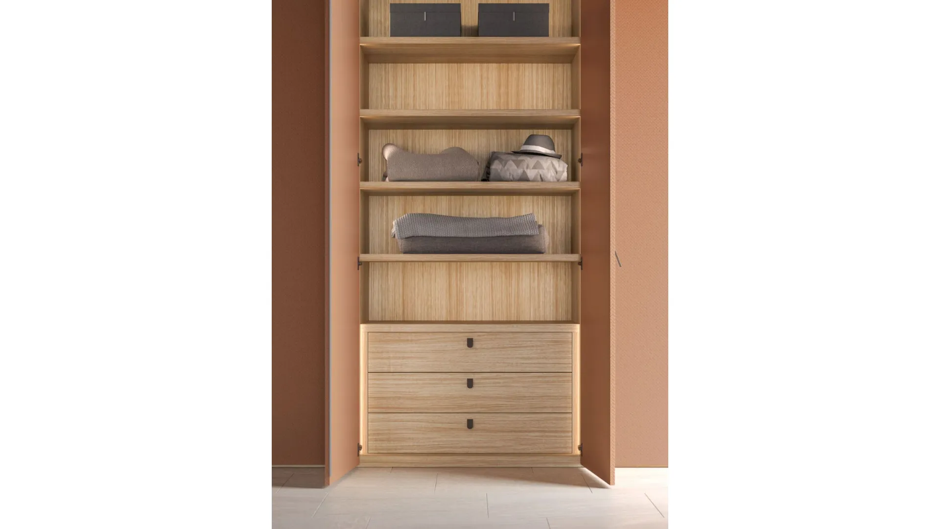 Swing door wardrobe with smooth door, interior in oak, doors in matte lacquered copper.