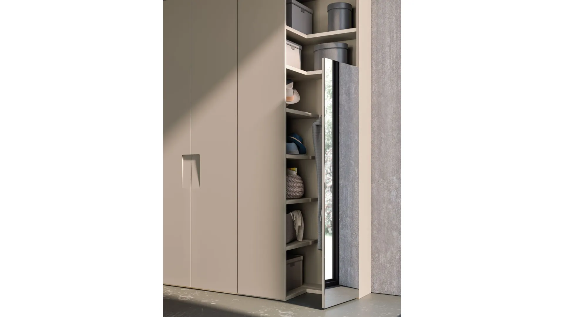 Hinged wardrobe with Niban door and end panel with mirror door. 400x260