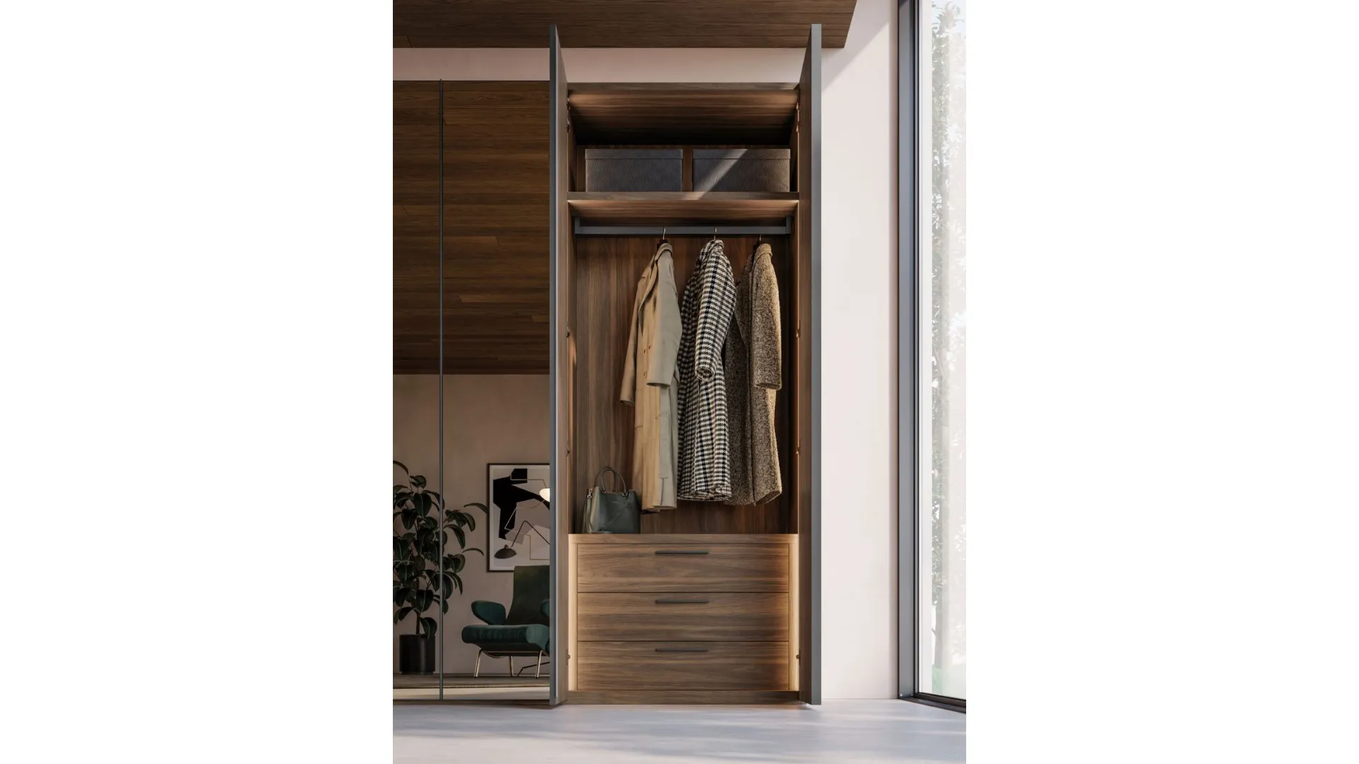 Hinged wardrobe with Noto door. Interior in terracotta, doors in terracotta materic and bronze mirror.