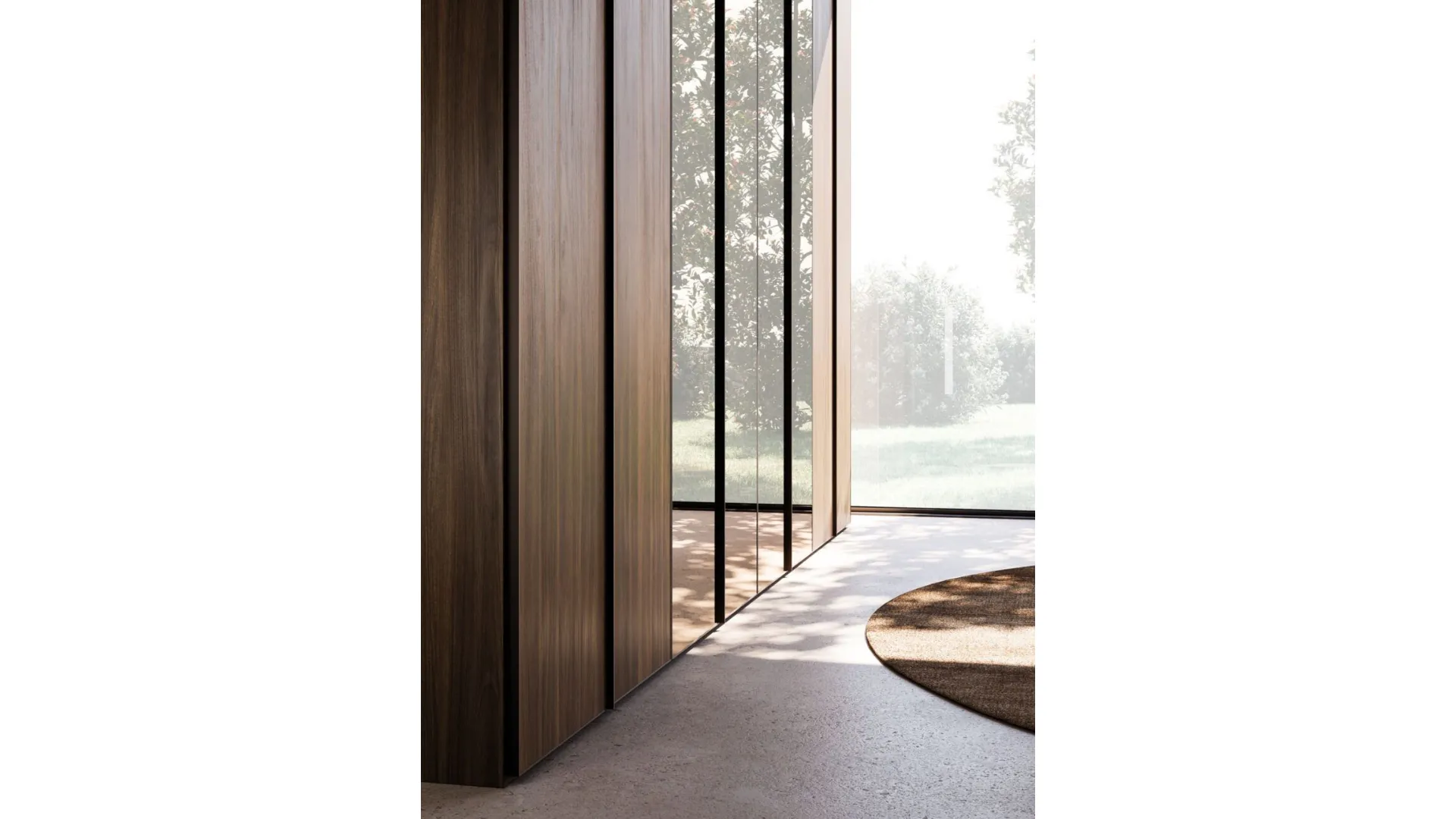 Hinged wardrobe with known door. Interior in terracotta, doors in textured terracotta and bronzed mirror.