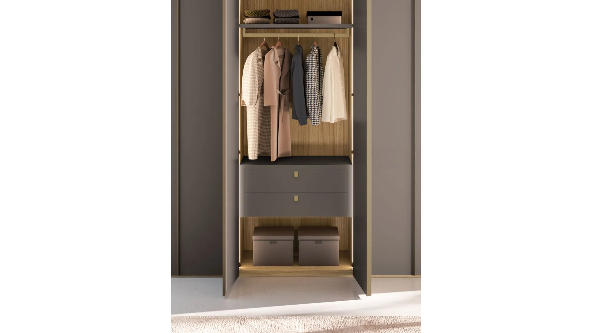 Internal oak hinged wardrobe, doors in matt anthracite lacquer with metal lacquer profile