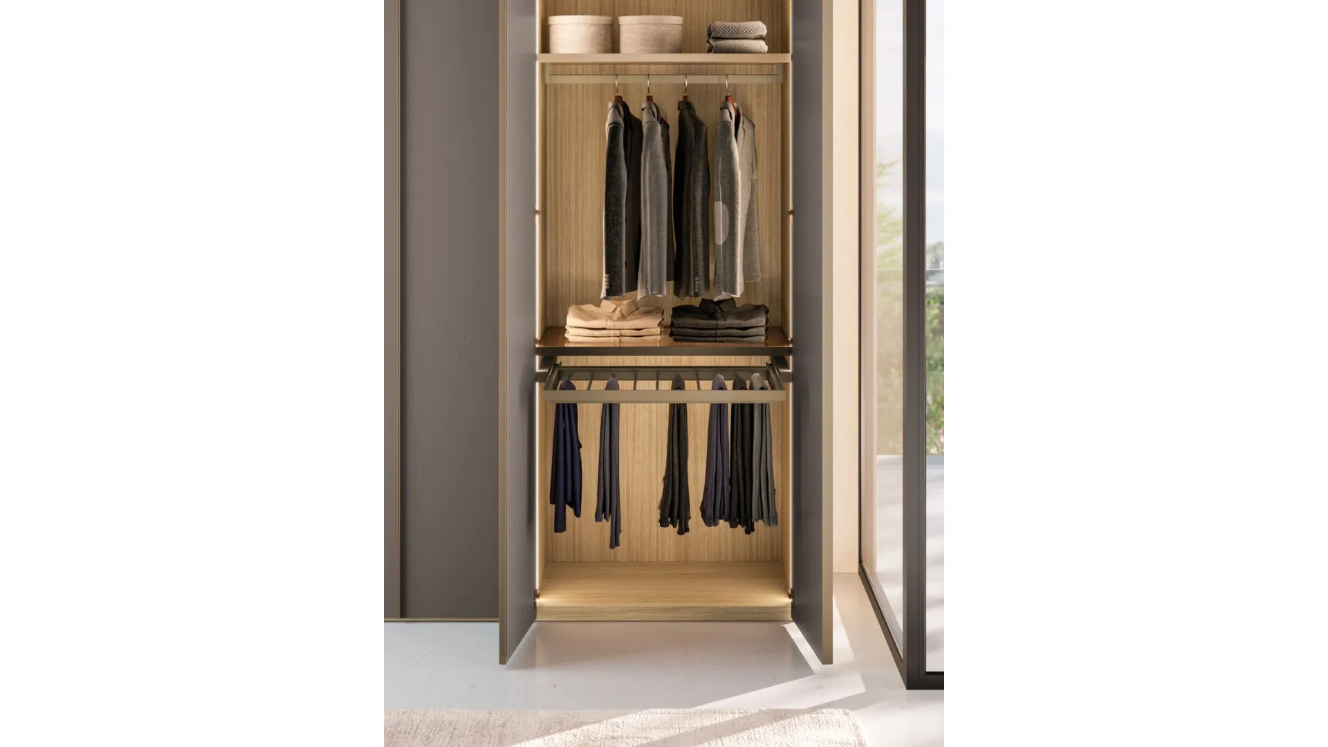 Wardrobe swing door in oak wood finish, doors in matte anthracite lacquer with metal lacquered profile.