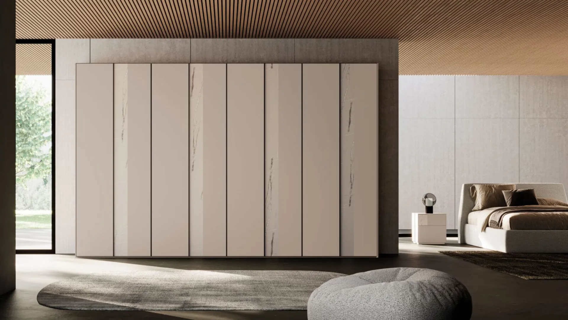 Wardrobe with doors in Tortora melamine with vertical marble melamine band.