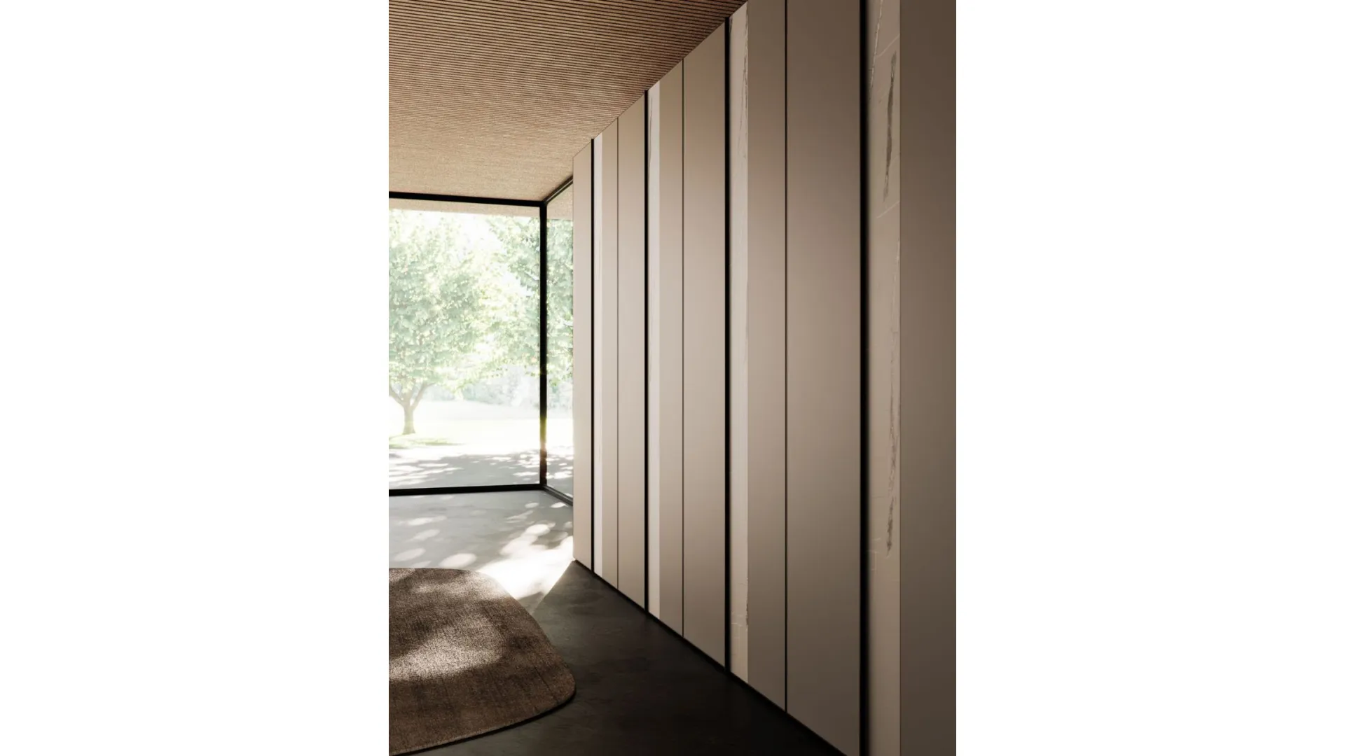 Wardrobe with Taupe melamine doors with a vertical marble melamine trim.