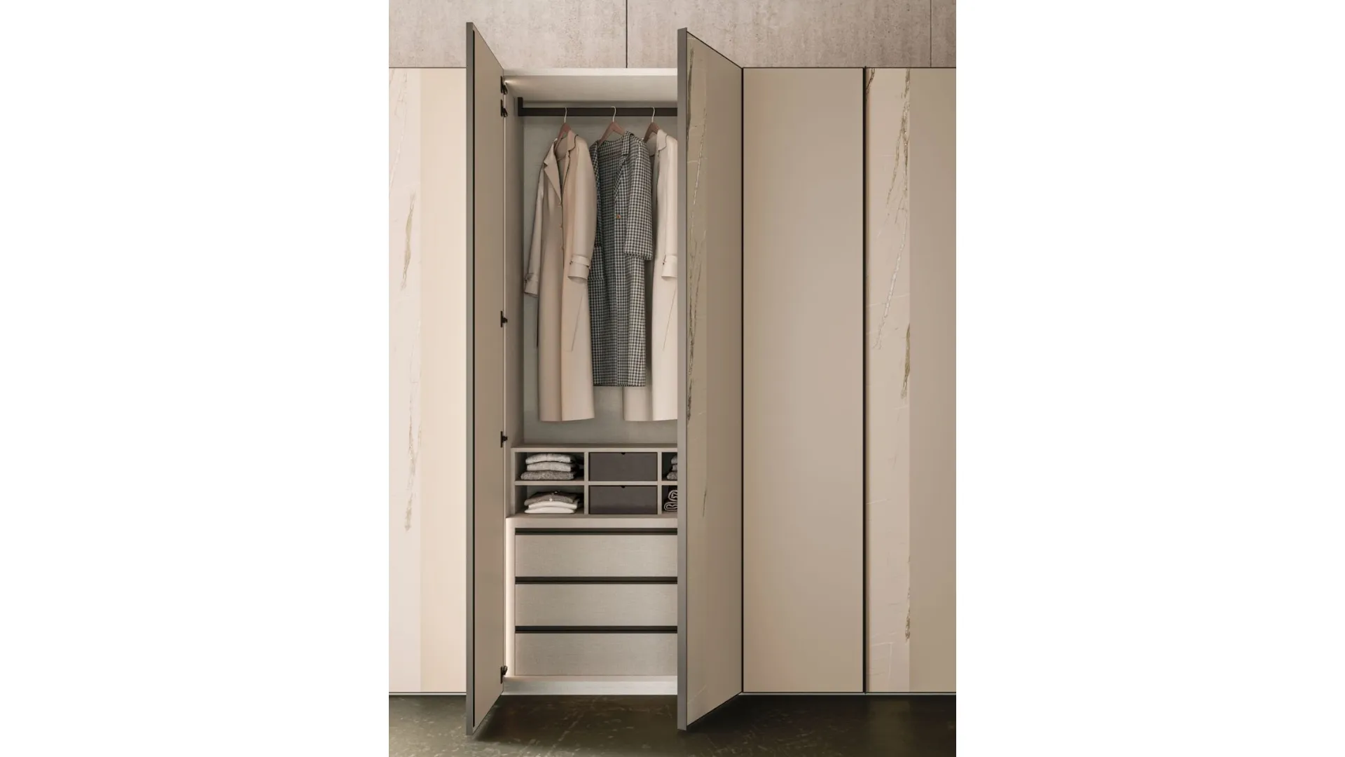 Wardrobe with Tortora melamine doors and vertical marble melamine edge.