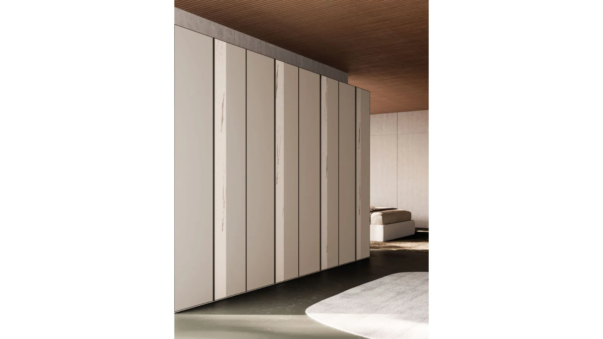 Wardrobe with Taupe melamine doors and vertical marble melamine strip.