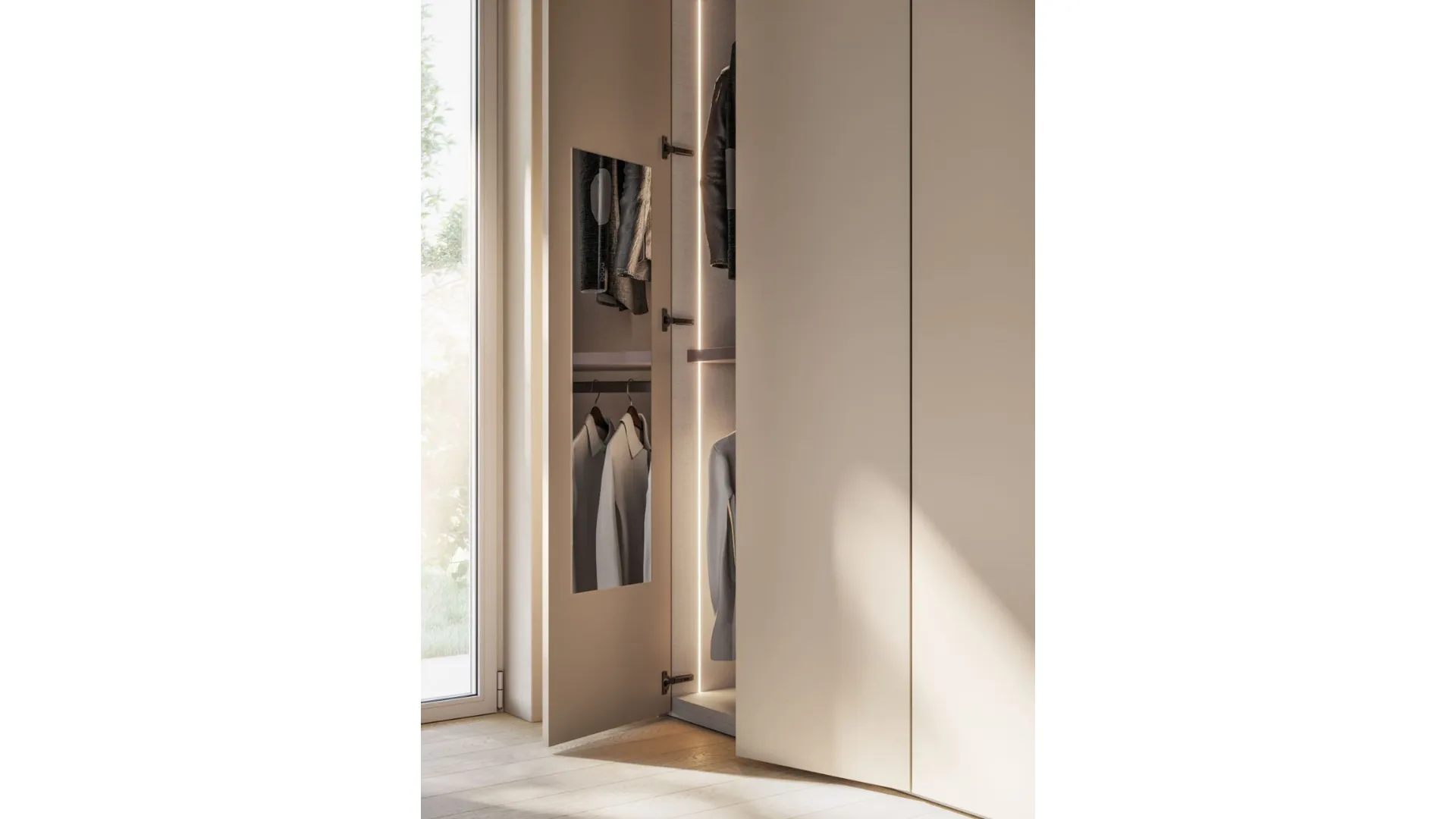 Hinged wardrobe front in Tortora laminate and recessed handle in matte lacquered Ecru.