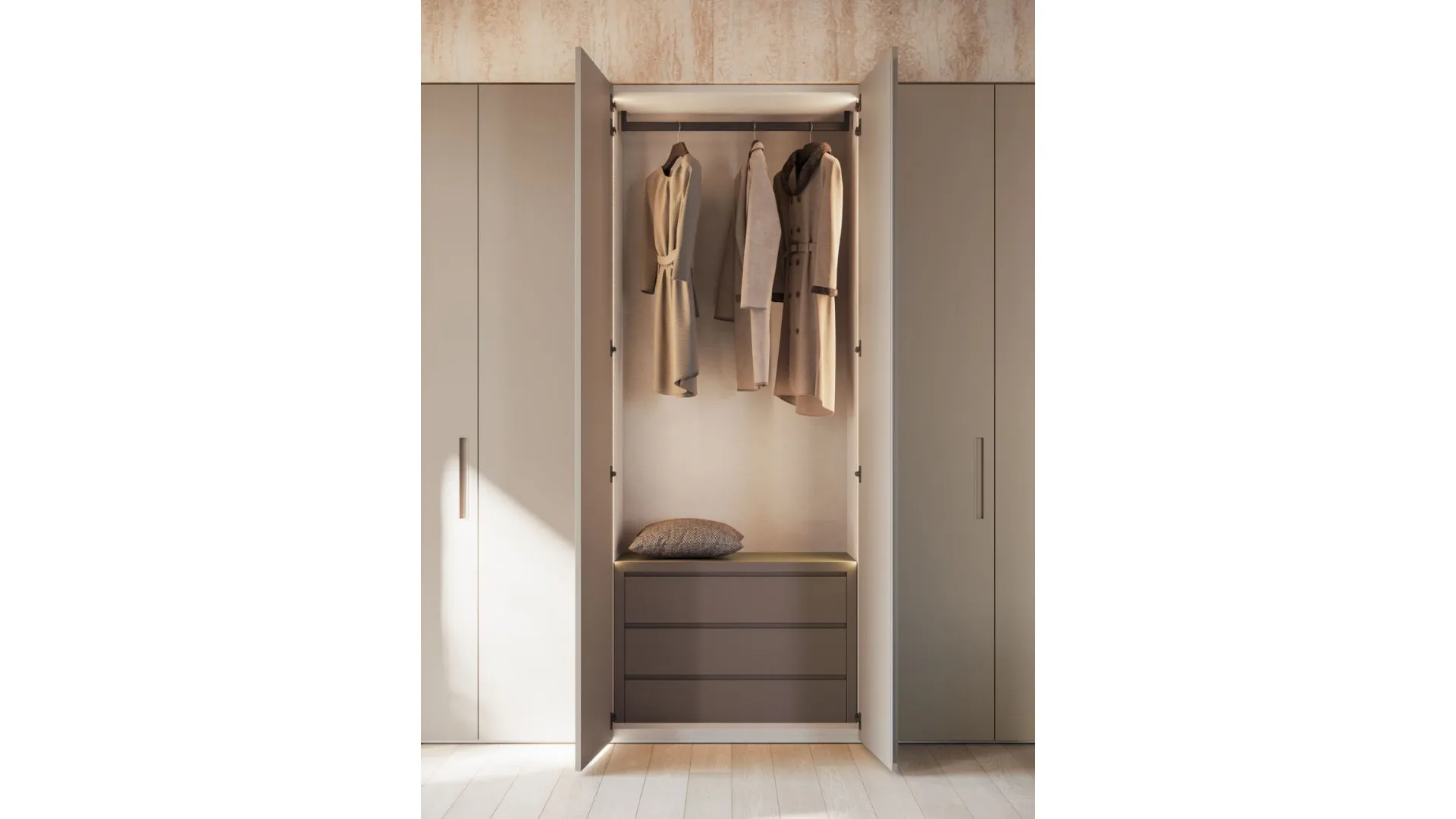 Hinged wardrobe in Tortora melamine and recessed handle in matte lacquered Ecru.