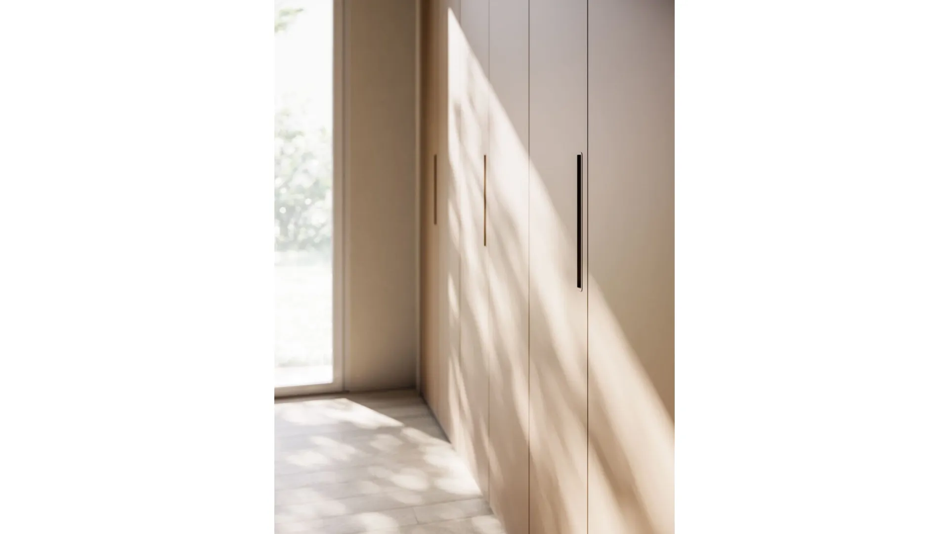 Hinged wardrobe in Melamine Tortora with recessed handle in matte lacquered Ecru.