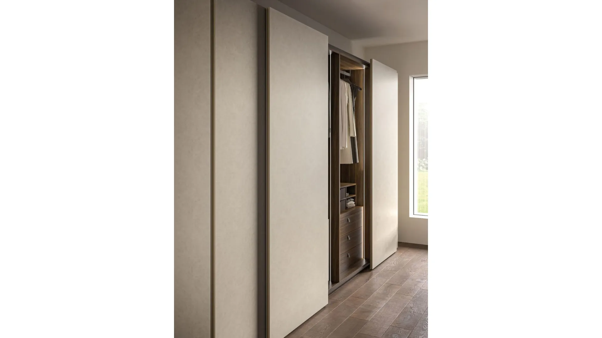 Sliding wardrobe with Arka door. Interior in terracotta, doors in Avana melamine décor.