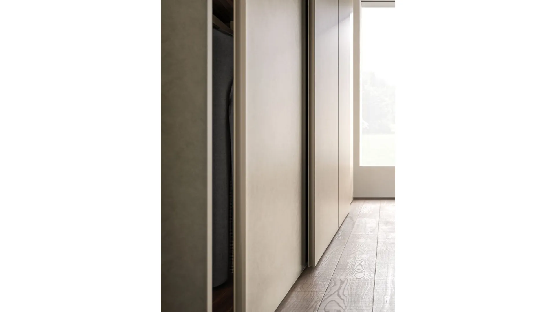 Sliding wardrobe with Arka door. Interior in terracotta, Avana melamine décor doors.