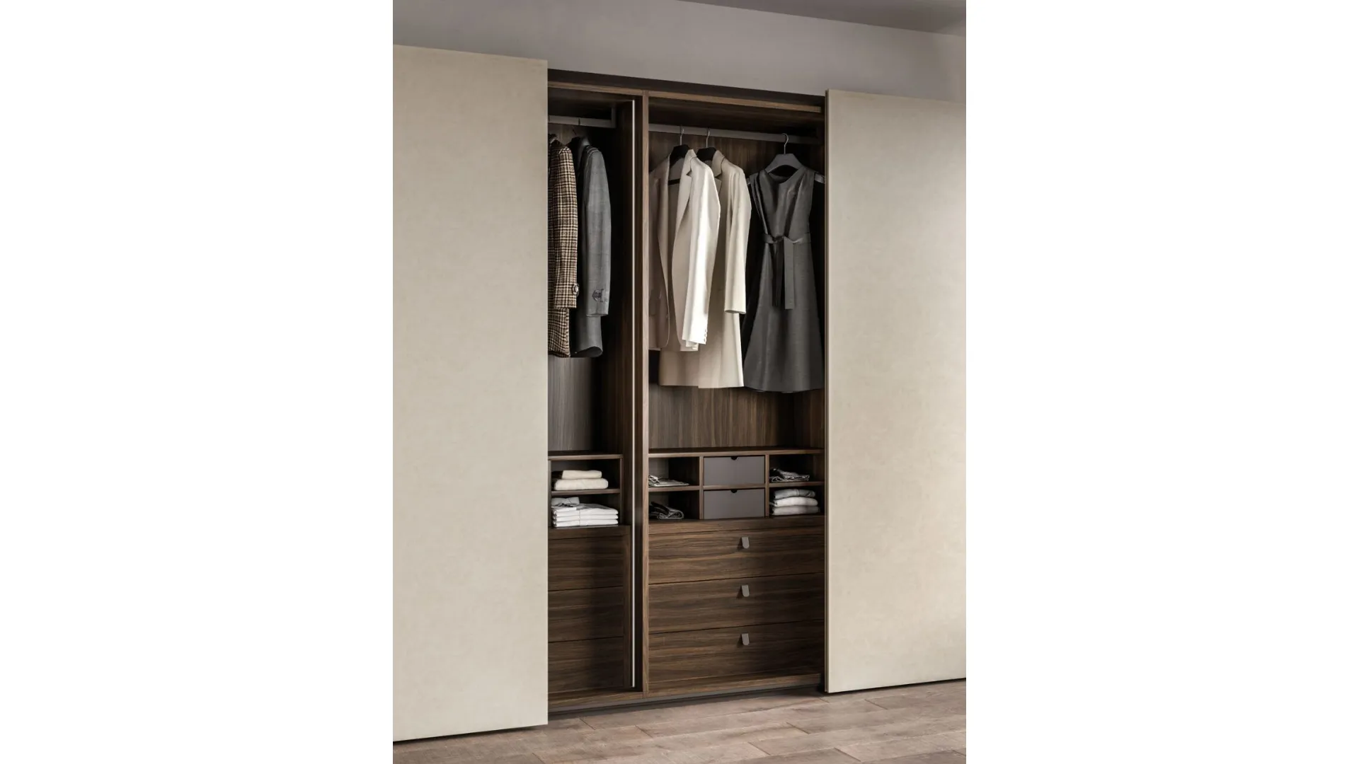 Sliding wardrobe with Arka door. Interior in terracotta, doors in melamine Avana decor.