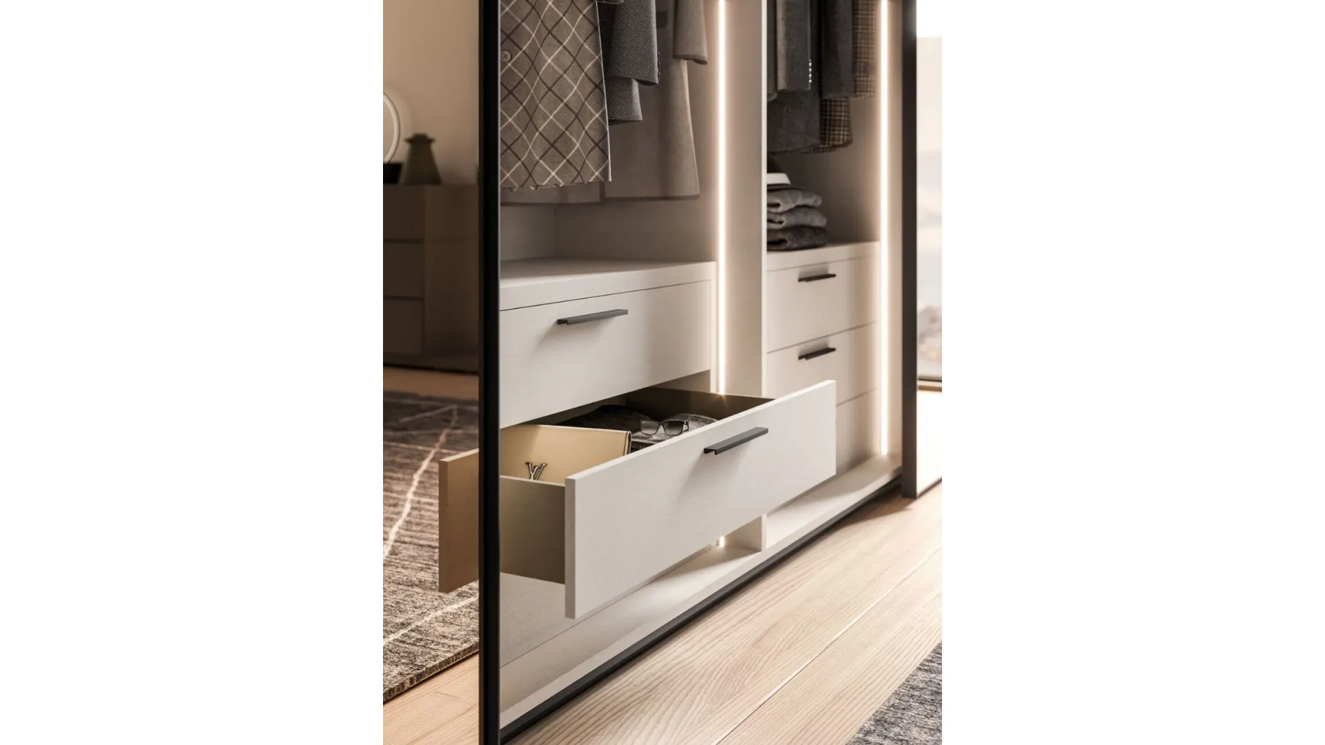 Sliding wardrobe with internal Cotton, doors in matte lacquered Clay and bronzed mirror.