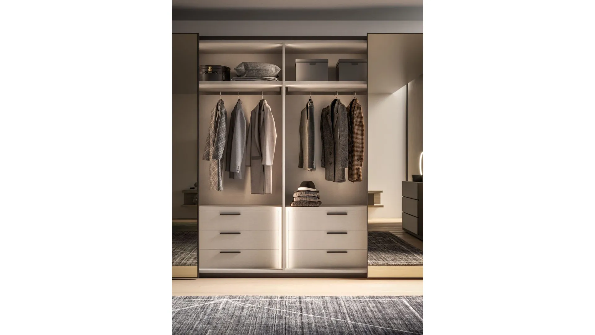 Sliding wardrobe with internal Cotton, doors in matte lacquered Clay and bronzed mirror.