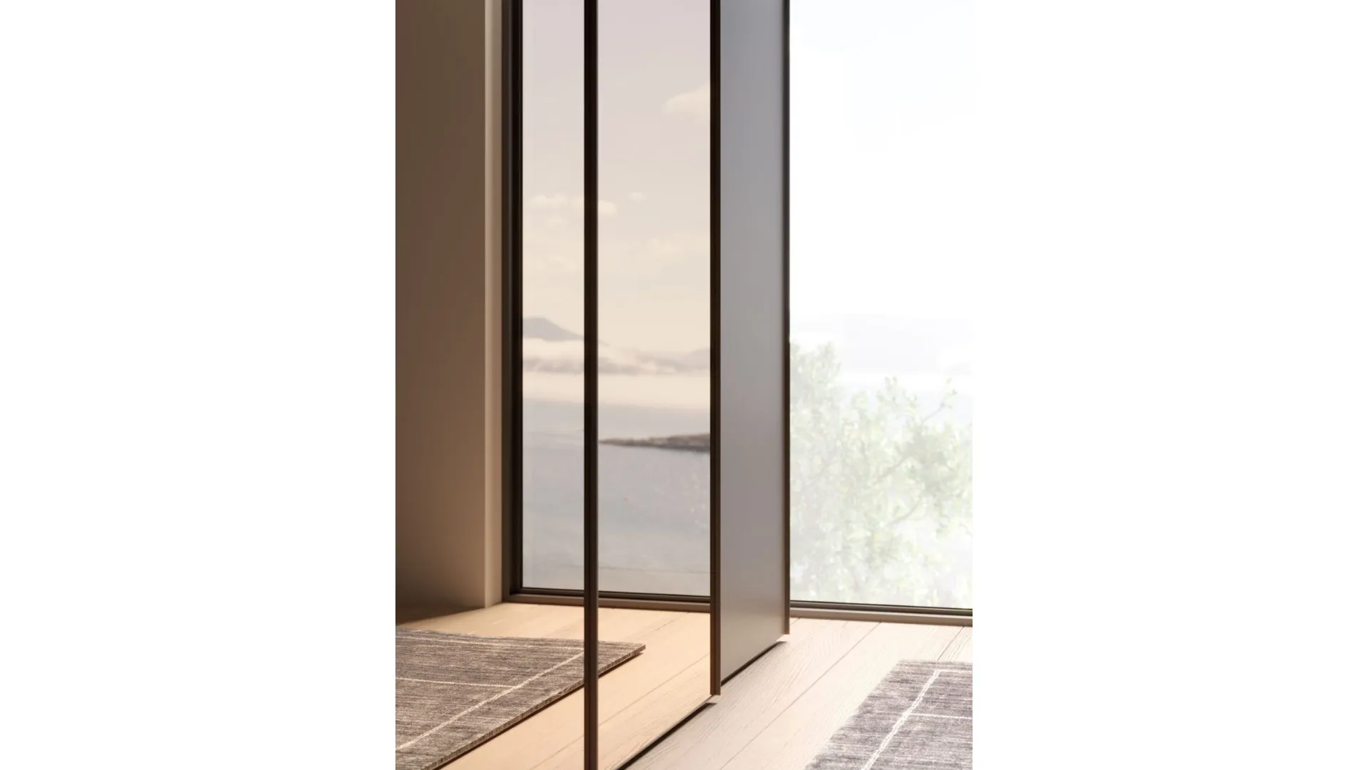 Sliding wardrobe with internal cotton lining, doors in matte clay lacquer, and bronzed mirror.