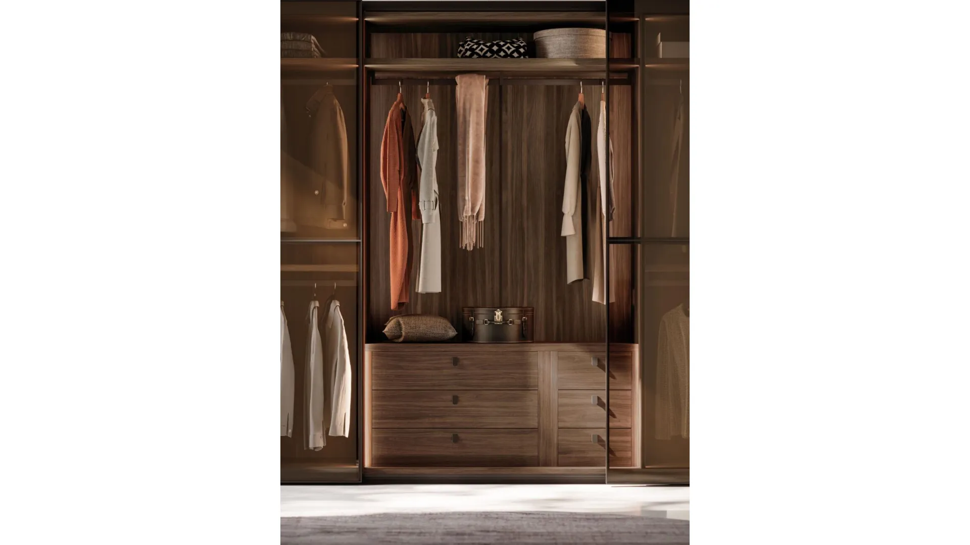 Sliding wardrobe with Frame door. Interior in terracotta, Frame doors in bronze glass and burnished metal.