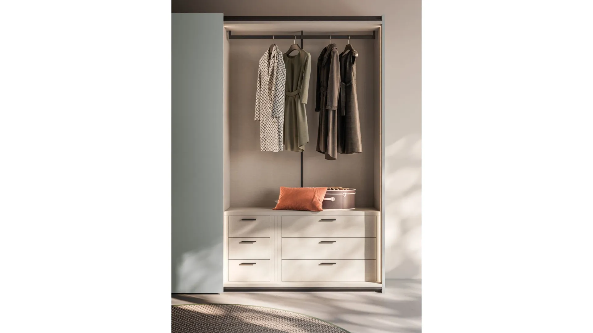 Sliding wardrobe internal in Cotton, doors and Groove handles in matt lead lacquer.