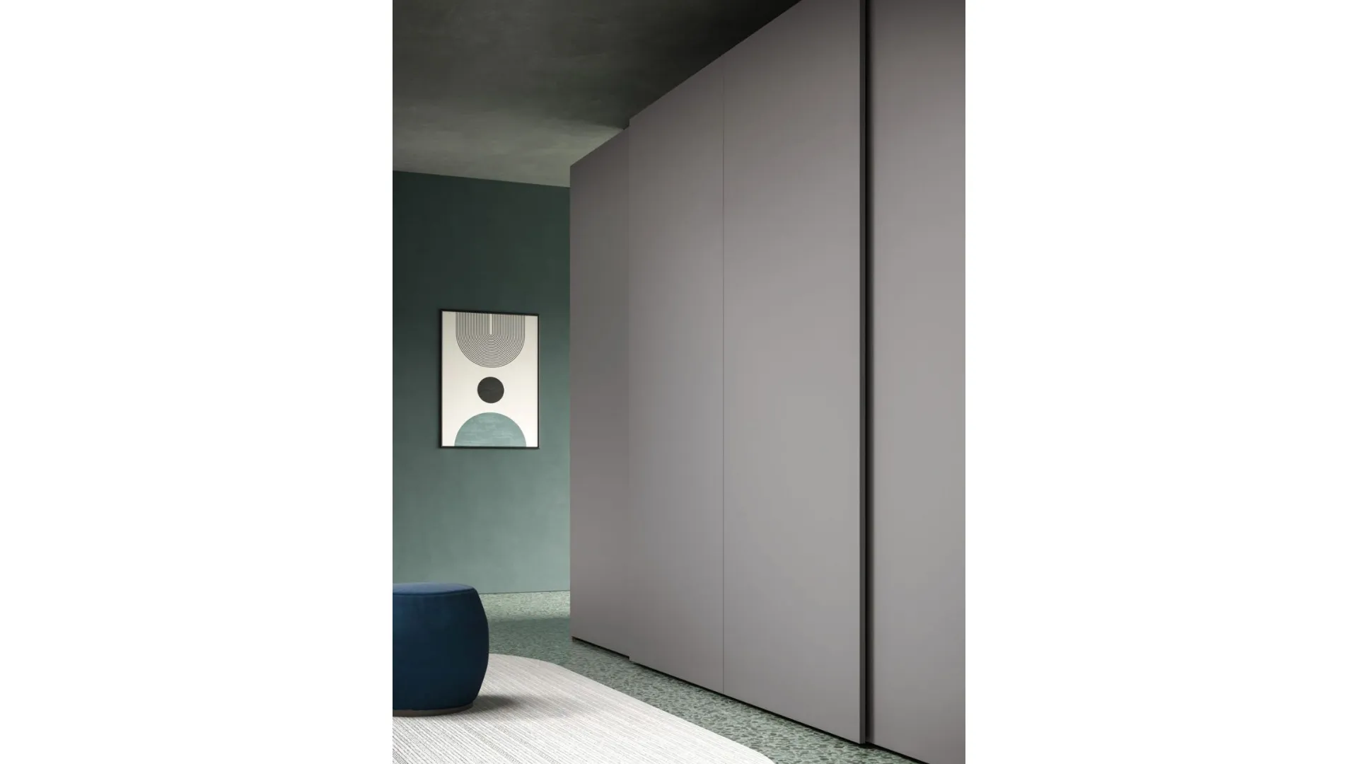 Sliding wardrobe with door and dedicated handle. Interior in oak, doors and handles in Basalt lacquer.