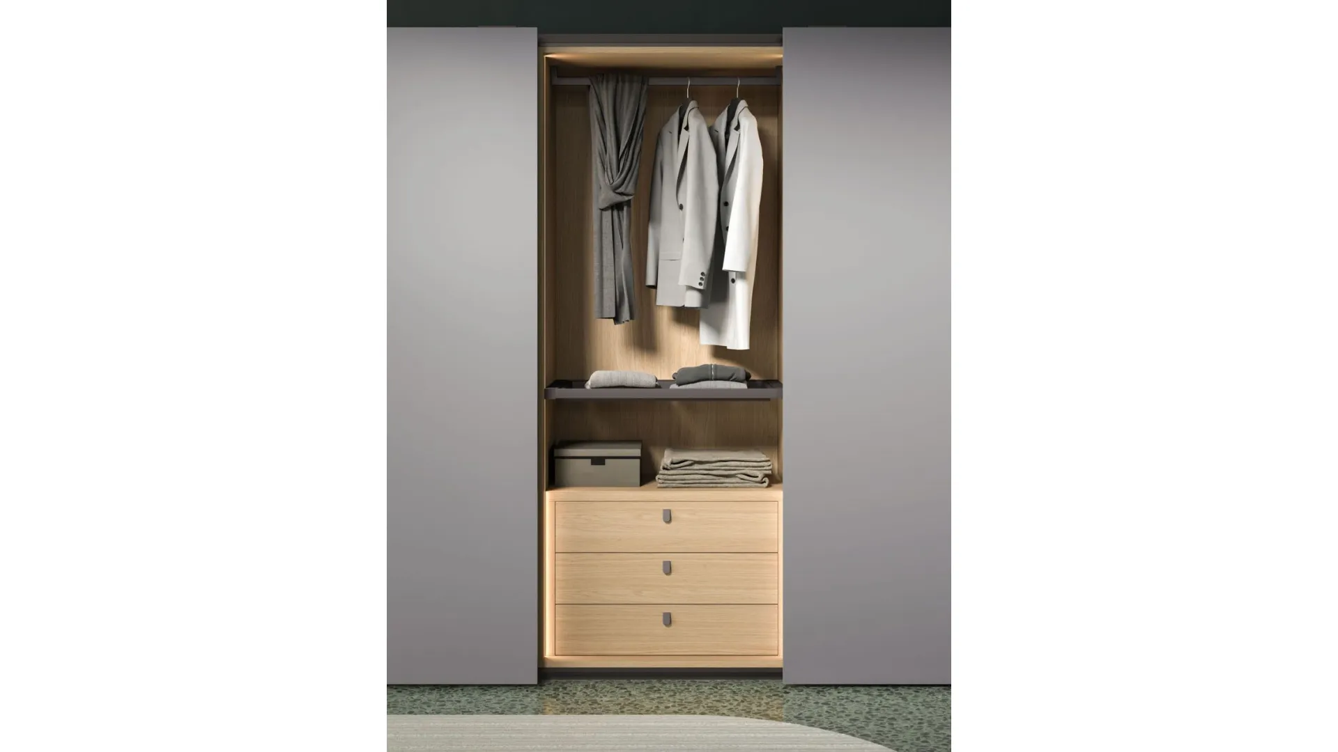 Sliding wardrobe with door and dedicated handle. Interior in oak, doors and handles in Basalt lacquered.