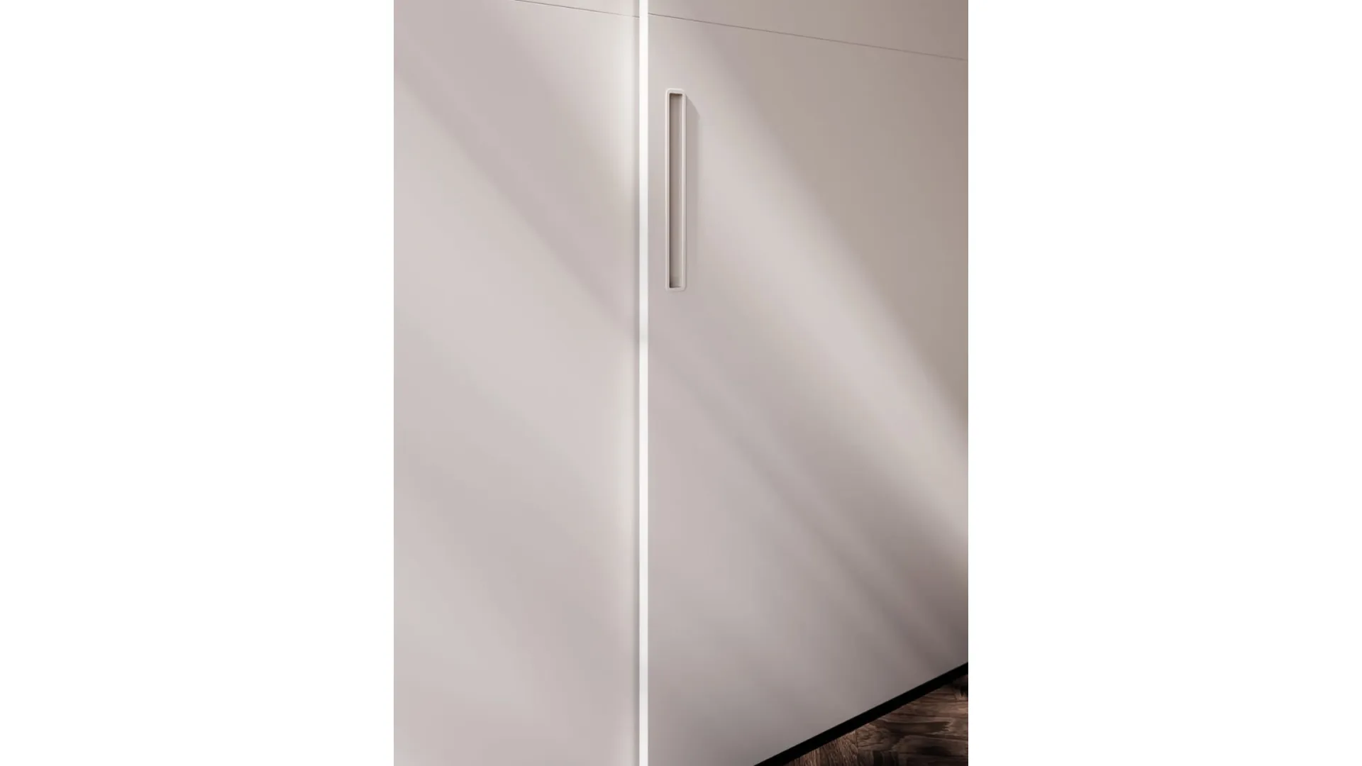 Sliding wardrobe with split door. Interior in cotton, doors and handles in matt lacquered Pearl.