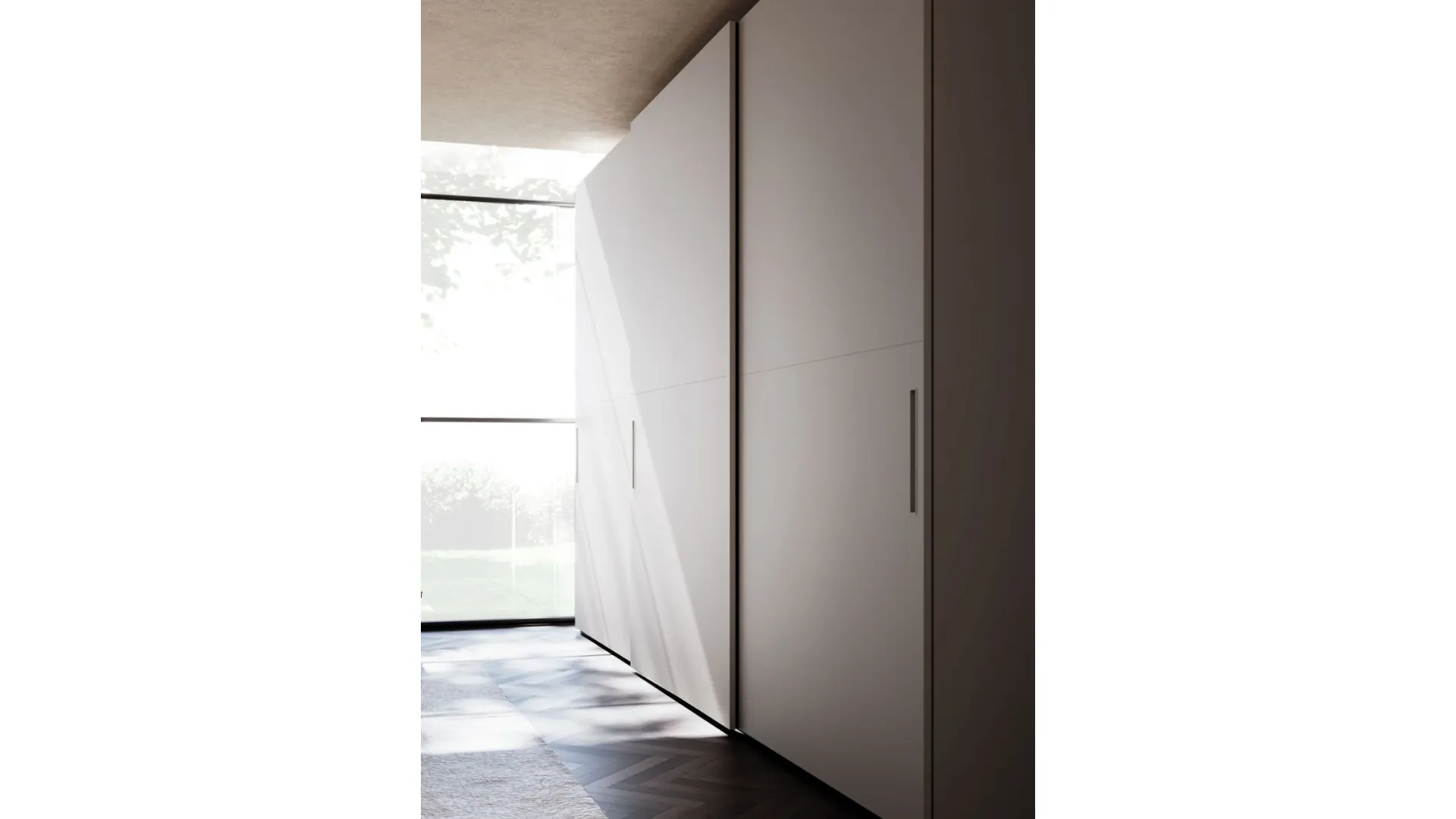 Sliding wardrobe with Split door. Interior in Cotton, doors and handles in matte lacquered Pearl.