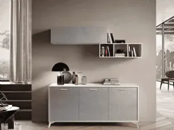 Modern sideboard with suspended wall units and open compartments.