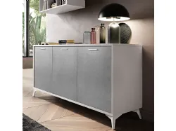 Modern sideboard with wall-mounted cabinets and open compartments.