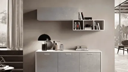 Modern sideboard with suspended wall units and open compartments.
