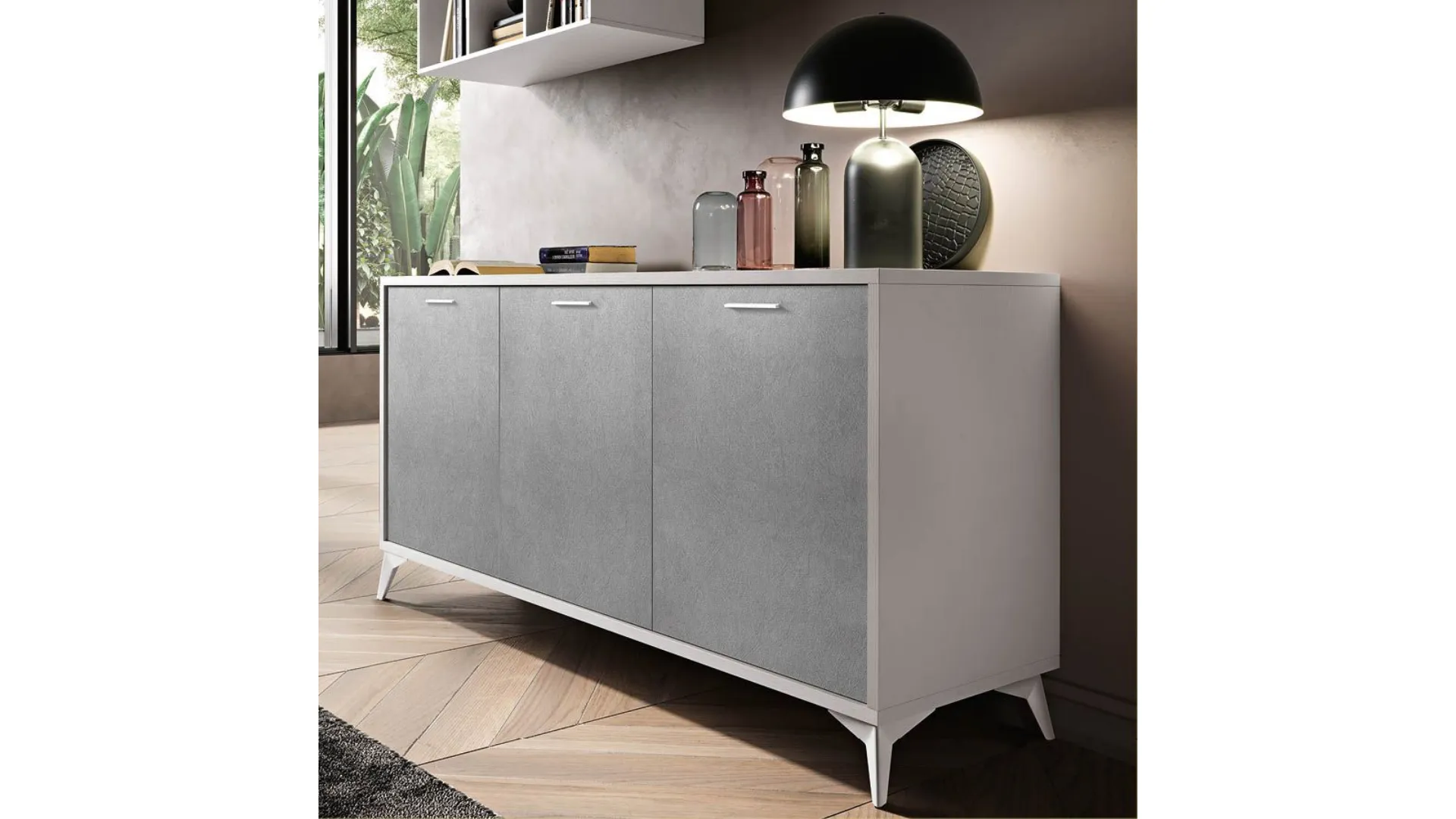 Modern sideboard with wall-mounted cabinets and open compartments.