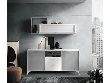 Modern sideboard with inclined feet, open compartments and suspended wall unit in silver/white finish.