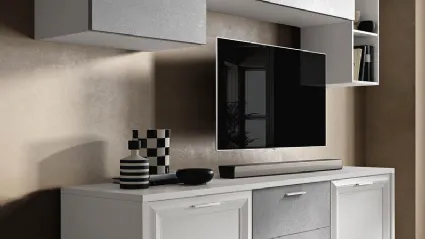 Modern sideboard with central drawers, TV stand space, wall-mounted cabinets, and open compartments.