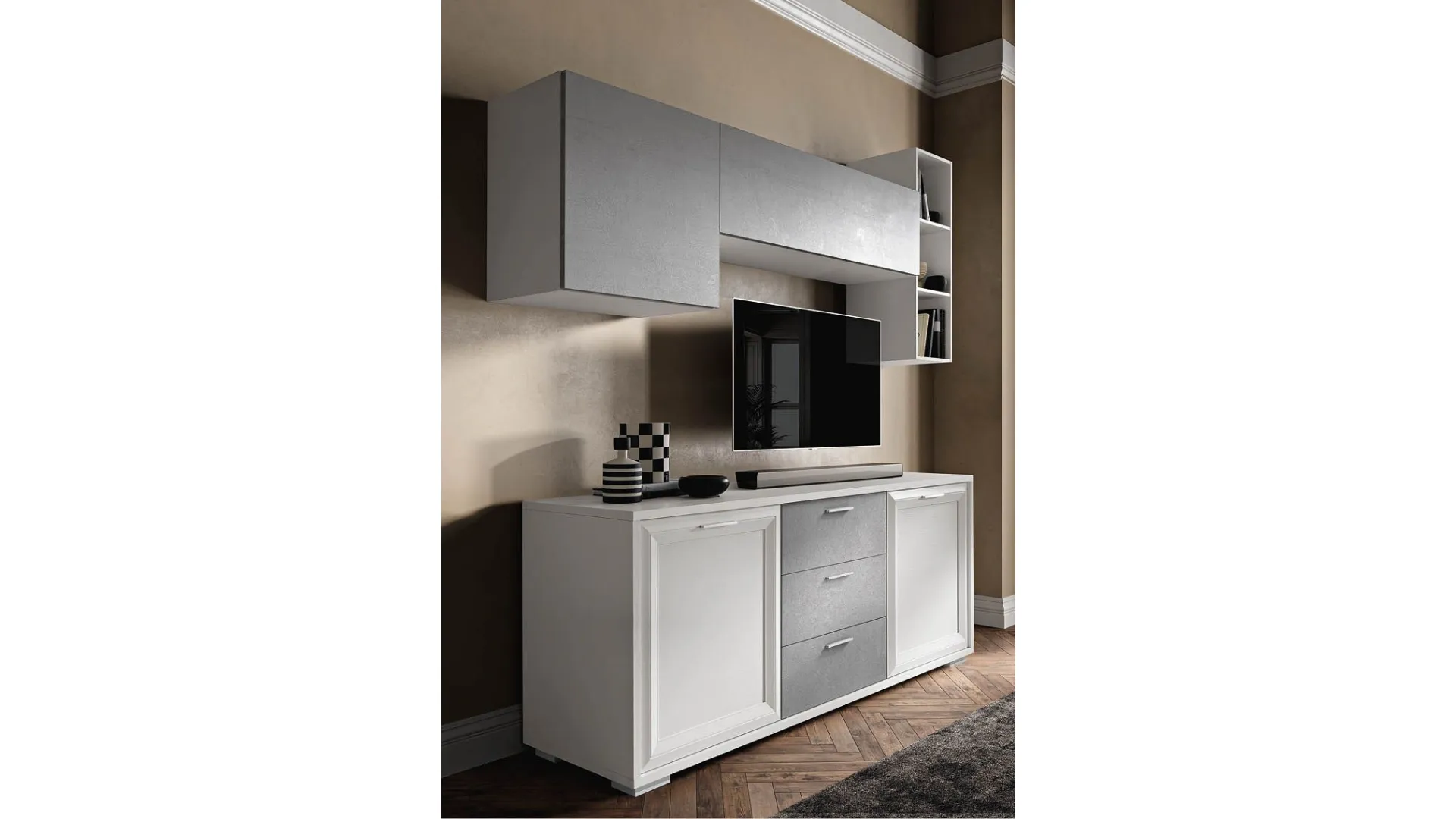 Modern sideboard with central drawers, TV stand space, wall-mounted cabinets, and open compartments.